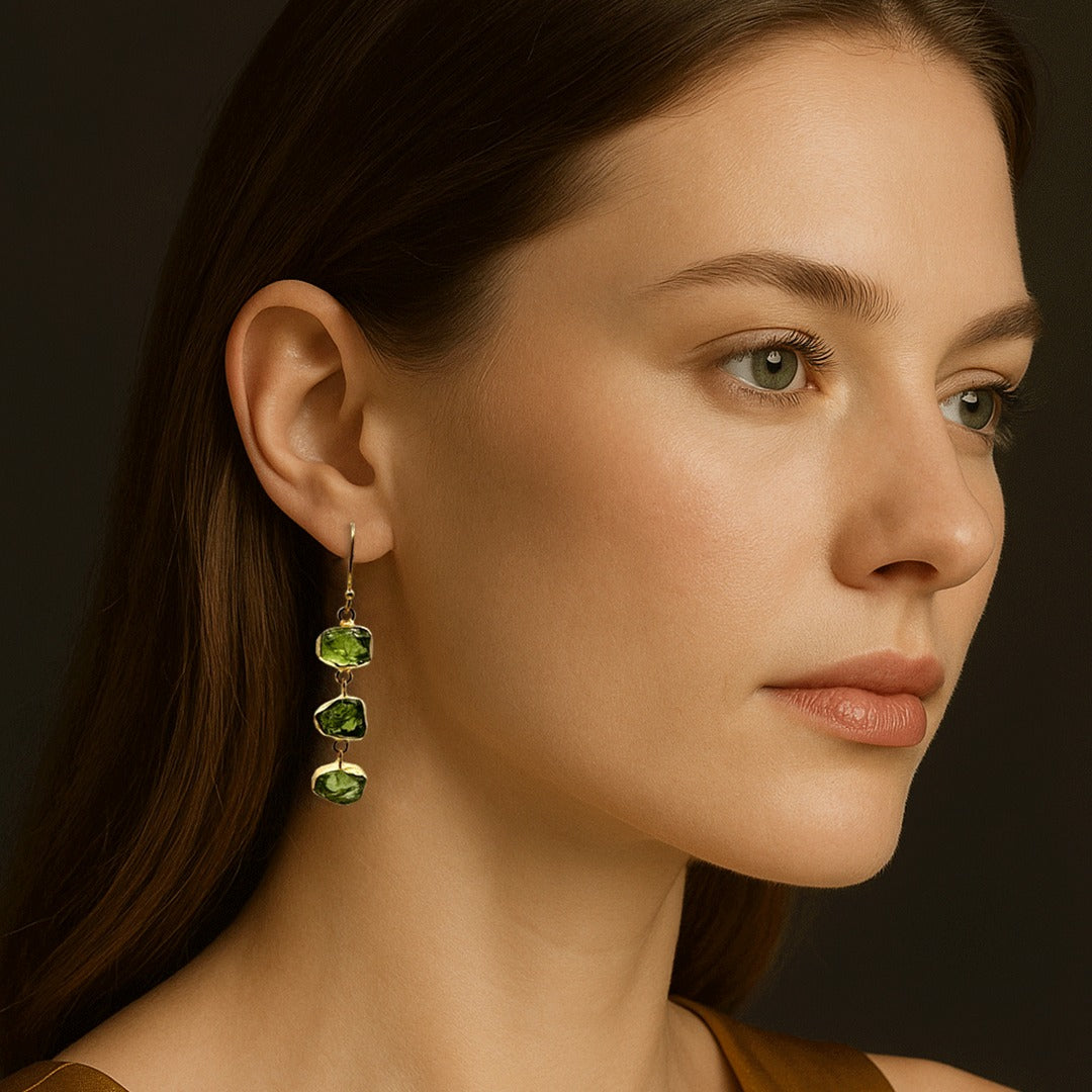 Triple Raw Peridot Drop Earrings – Handmade in Gold Vermeil