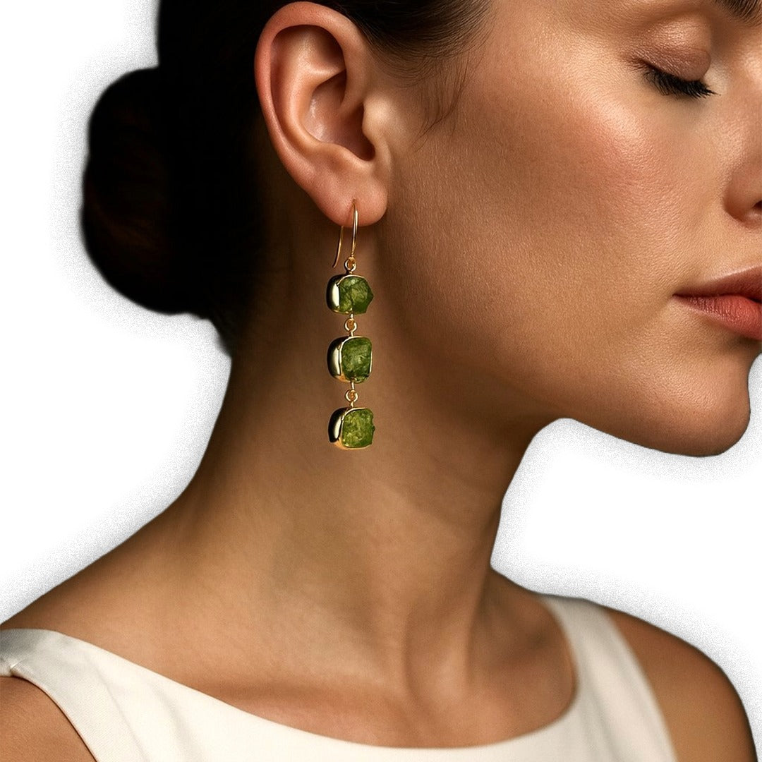 Triple Raw Peridot Drop Earrings – Handmade in Gold Vermeil