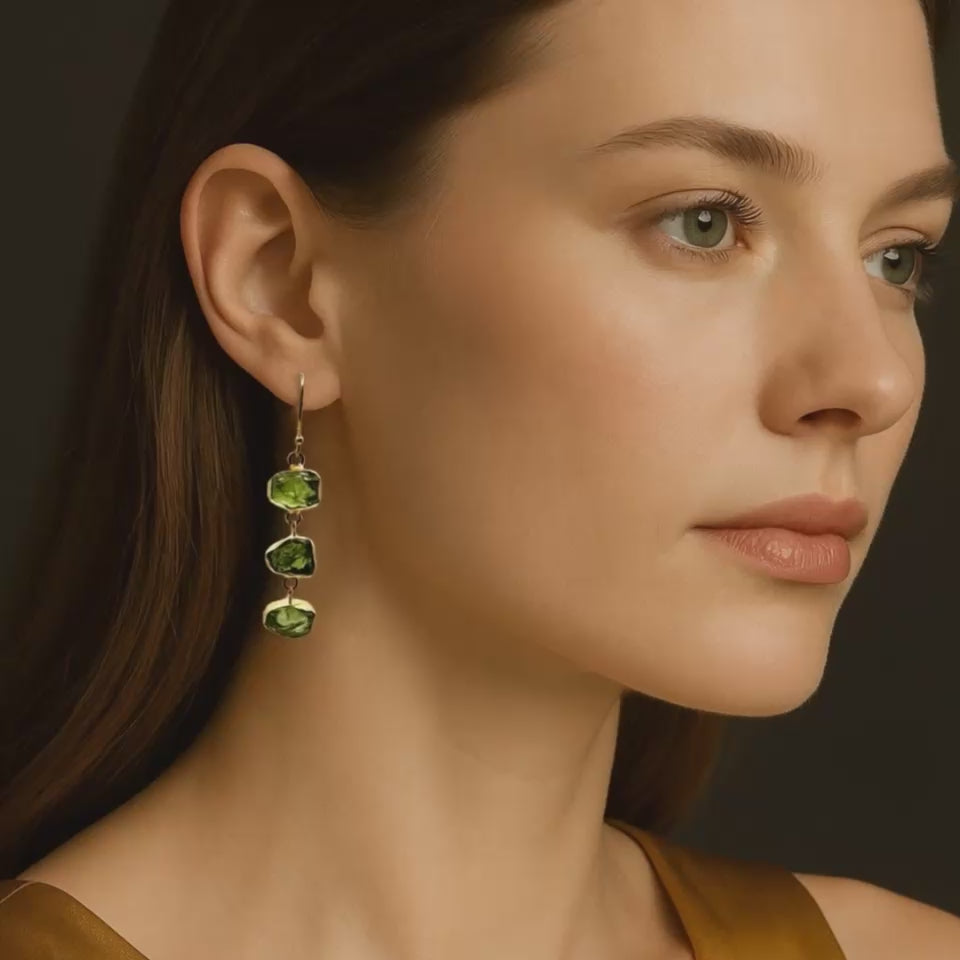 Triple Raw Peridot Drop Earrings – Handmade in Gold Vermeil